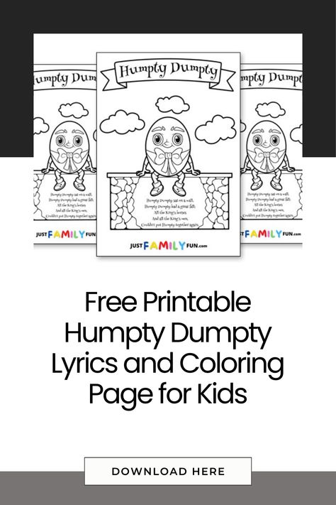 Download the free Printable Humpty Dumpty Lyrics and Coloring Page for a fun and creative activity! Featuring the full nursery rhyme lyrics along with a cute coloring page, this printable is perfect for kids’ learning, storytelling, or just for some coloring fun. Discover more resources like #LeafTemplates, #HalloweenTemplates, #PumpkinTemplates, and #AdultColoringBooks for additional creative activities and inspiration! Humpty Dumpty Craft Preschool, Preschool Humpty Dumpty Craft, Humpty Dumpty Had A Great Fall, Humpty Dumpty Coloring Page, Humpty Dumpty Science Experiment, Humpty Dumpty Sequencing Free, Fun Printables For Kids, Nursery Rhymes Lyrics, Halloween Templates