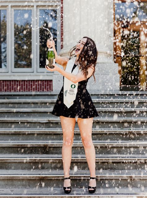 Graduation Fall Pictures, Graduation Pictures In Nature, College Graduation Pictures Champagne, Graduation Champagne Picture, College Graduation Pictures Aesthetic, Champagne Graduation Picture, Champagne Popping Pictures, Unique College Graduation Pictures, Graduation Champagne