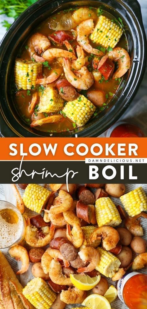 Boil Recipes, Sausage Shrimp, Shrimp Corn, Seafood Boil Recipes, Easy Crockpot Dinners, Boiled Food, Shrimp Boil, Crockpot Dishes, Andouille Sausage