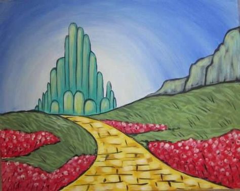 Yellow brick road drawing art Wizard Of Oz Pictures, Wizard Of Oz Play, Road Drawing, Oz Tattoo, Wizard Of Oz Decor, Wizard Of Oz Characters, Wine Friends, Brag Board, Easy Painting Ideas