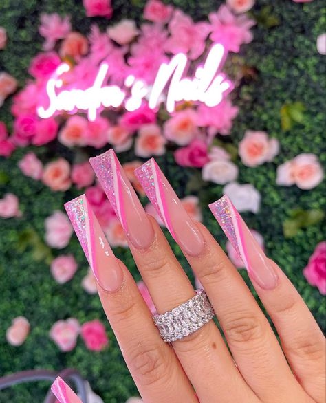 Milky Nails, Long Acrylic Nail Designs, Nails Design With Rhinestones, White Acrylic Nails, Dope Nail Designs, Acrylic Nails Coffin Pink, Long Square Acrylic Nails, Pink Nail Designs, Bling Acrylic Nails