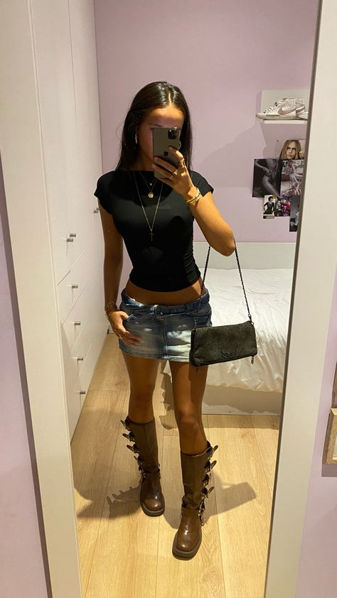 Miumiu Boots Outfit, Black Moto Boots Outfit, Biker Boots Outfit Summer, Miu Miu Boots Outfit, Moto Boot Outfit, Motor Boots Outfit, Rider Boots Outfit, Miumiu Boots, Mini Skirt And Boots Outfit