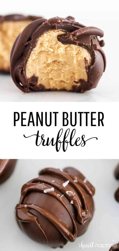 Creamy peanut butter balls covered in a sweet chocolate coating with a dash of sea salt. This delicious treat is always the first gone at a party! #peanutbutter #peanutbutterballs #peanutbuttertruffles #truffles #candy #chocolate #chocolaterecipes #christmas #christmasrecipes #holiday #holidayrecipes #nobake #candy #desserts #recipes #iheartnaptime Creamy Peanut Butter Balls, Truffles Candy, Chocolate Peanut Butter Balls, Peanut Butter Balls Recipe, Dessert Truffles, Peanut Butter Truffles, I Heart Naptime, Truffle Butter, Butter Balls