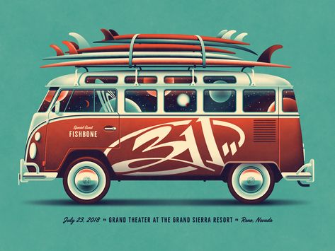 311 Reno, NV Poster (Regular DKNG Edition) vw bus dkng studios nathan goldman dan kuhlken surfboard surfing space van car volkswagon bus dkng Ww Car, Dkng Studios, Rock Poster Design, Free Psd Poster, Phish Posters, Vw Combi, Screen Print Poster, Crazy Stuff, Reno Nv