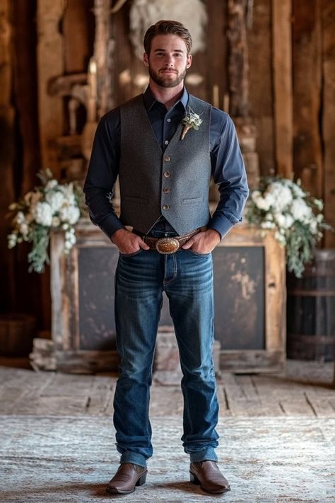 Men's Western Wedding Outfit, Men’s Attire For Country Wedding, Rustic Groom Attire Jeans, Groom Outfit With Jeans, Jean Groom Attire, Jeans And Sport Coat Mens Wedding, Boots And Jeans Groomsmen, Cowboy Suits For Men Wedding, Groom Wearing Jeans