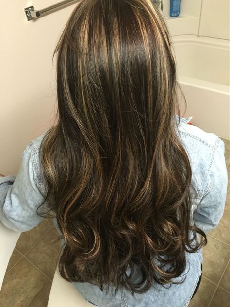 Caramel Hilights On Dark Brown Hair, Chunky Highlights Dark Hair, Highlights On Latina, Skunk Highlights Dark Brown, Cap Highlights On Dark Hair, Chunky Highlights For Brown Hair Caramel, Hair Highlights For Dark Hair Black, Dark Hair With Highlights Blonde, Brown Skunk Hair