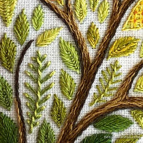 Putting Things in Perspective: Size & Photography with Embroidery – NeedlenThread.com Bordado Jacobean, Embroidered Tree, Stamped Embroidery Kit, Feeling Grateful, Embroidery Leaf, Embroidered Leaves, Hand Embroidery Patterns Flowers, Basic Embroidery Stitches, Black And White Photos