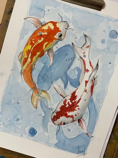 Fish Drawings Colorful, Koi Pond Watercolor Painting, Fishing Sketch Drawing, Coi Fish Watercolor Painting, Koi Fish Drawing Reference, Koi Fish Drawing Watercolors, Koi Fish Watercolor Paintings, Coi Fish Paintings, Koi Fish Painting Watercolors