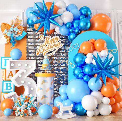 PRICES MAY VARY. 🎈【110PCS Orange Blue Balloon Arch】Our orange and blue balloon garland kit contains:2 x 18inch Balloons (orange*1,blue*1) , 50 x 10inch Balloons(blue*15,white*10,orange*15,metallic blue*10), 50 x 5inch Balloons (blue*15,white*10,orange*15,metallic blue*10), 2PCS explosion star balloons,balloons strip 1pc, adhesive tape 4pcs,ribbon 1pc. 🎈【Premium Material】 Our blue orange balloons are made of natural latex.Each of these latex balloons is in a brighter color and brighter thicker Blue Orange Gold White Party Decor, Blue Orange Balloon Arch, Blue Orange White Balloon Arch, Blue And Orange Balloon Decor, Red Blue Orange Balloon Garland, Orange And Blue Balloons, Orange Birthday Parties, Blue Party Decorations, Orange Birthday