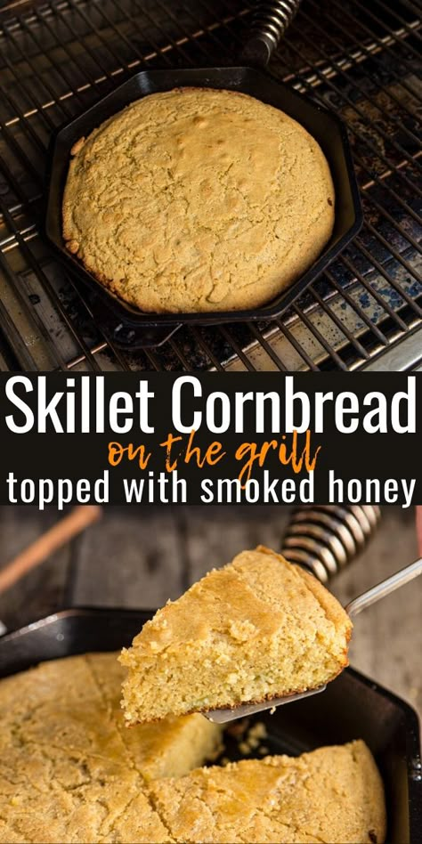 Cast Iron Skillet cornbread is the perfect way to get a crunchy crust and a soft and fluffy interior. We cook our skillet cornbread on the grill at high heat for the perfect touch of outdoor flavor, and finish it with a drizzle of smoked honey for a sweet finish. Cornbread On The Grill, Montana Grill Cornbread Recipe, Campfire Cornbread, Smoked Cornbread, Grilled Sides, Cast Iron Skillet Cornbread, Pioneer Recipes, Iron Skillet Cornbread, Smoked Honey