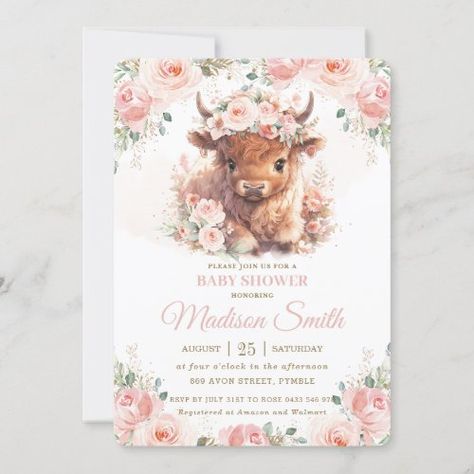 $2.11 | Fluffy Highland Cow Pink Blush Floral Baby Shower #fluffy highland cow baby shower, cute adorable, co-ed baby shower sprinkle, chic whimsical, watercolor, pretty blush pink floral, baby girl, sweet girly, beautiful rose flowers green leaves, digital download template Fluffy Highland Cow, Cow Baby Shower Theme, Cow Baby Shower Invitations, Highland Cow Baby, Cow Baby Shower, Girl Shower Themes, Invitations Pink, Cow Baby Showers, Coed Baby Shower