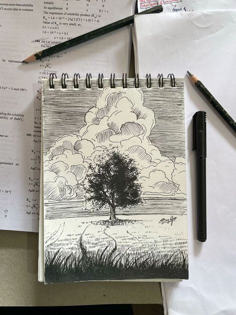 Aesthetic Sketches For Journal, Movie Sketches Drawings, Basic Things To Draw, Nature Sketchbook Ideas, Drawing In Class Sketch, Sketchbook Ideas Landscape, Art Aesthetic Drawing Sketch, Journal Ideas Aesthetic Drawing Sketch, Nature Art Sketches