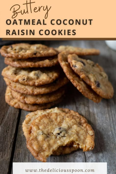 Crispy Oatmeal Cookies - super buttery and flavoured with shredded coconut and raisins. Delish! #oatmealcoconutcookies #oatmealraisincookies #oatmealcookies #crispyoatmealcookies #oatmealcoconutraisincookies #cookies Raisin Oatmeal Cookies, Raisin Cookies Recipe, Raisin Oatmeal, Crispy Oatmeal Cookies, Raisin Cookie Recipe, Oatmeal Coconut Cookies, Coconut Oatmeal, Healthy Baking Recipes, Cookie Flavors