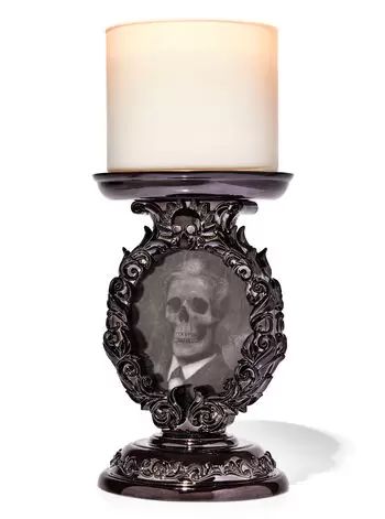 Holographic Portrait Frame Candle Holder | Bath & Body Works Mahogany Teakwood Candle, Bath And Body Works Halloween, 3 Wick Candle Holder, Skull Portrait, Cherry Blossom Candle, Fall Candle Holders, Three Wick Candle, Making Water, Candle Pedestal