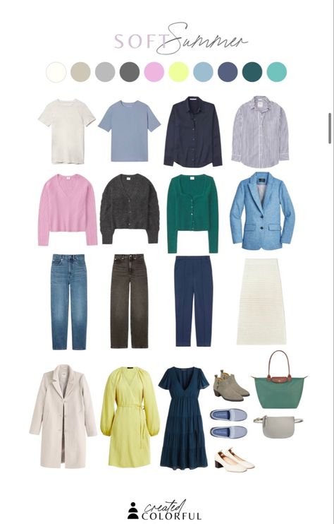 Fair Soft Summer Outfits, Soft Summer Color Palette Outfits Casual, Soft Summer Office Outfit, Soft Summer Wardrobe Basics, Soft Summer Minimalist Wardrobe, Soft Summer Casual Outfits, Muted Summer Color Palette Outfits, Muted Cool Summer, Classic Summer Palette Outfits