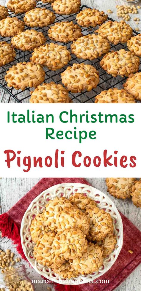 Pignoli cookies are delicious Italian pine nut cookies and very popular at Christmas. These cookies are really easy to make and have a full almond flavor. #christmascookies #christmascookie #christmascookierecipes #pignoli #pignolicookies #pinenutcookies #almondcookies #nutcookies #italiancookies #classicitaliancookies Pinole Cookies, Pine Nut Cookies, Almond Flour Desserts, Italian Christmas Cookie Recipes, Pignoli Cookies, Almond Flour Recipes Cookies, Cookies Italian, Pine Nut Recipes, Italian Almond Cookies