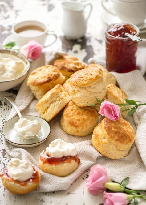 An afternoon tea with scones, jam and cream, with coffee and tea. #biscuits Scones Aesthetic, Plain Scones, Tin Eats, Baking Journal, Afternoon Tea Recipes, Small Treats, Recipe Tin, Recipetin Eats, Tea Party Food