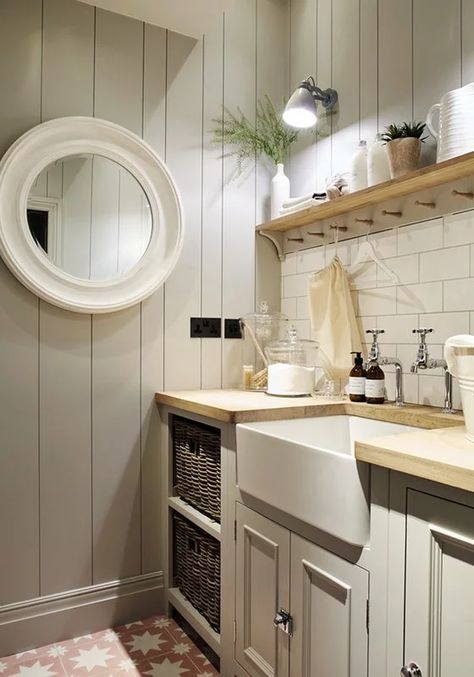 How To Plan A Utility Room | SheerLuxe Wren Utility Room, Cottage Utility Room Ideas, Devol Laundry Room, Utily Room, Cottage Utility Room, Utility Toilet Room, Narrow Utility Room Ideas Layout, Hidden Utility Room In Kitchen, Utility Room Shelves