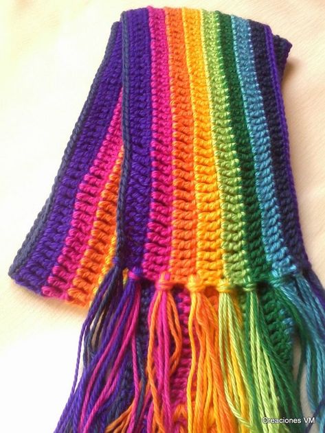 Rainbow Crochet Blanket Pattern, Crochet Womens Scarf, Crochet Blanket Rainbow, Crocheted Scarf, Crochet Scarf Pattern Free, Rainbow Crochet, Crochet Patterns Free Blanket, Crochet World, Quick Crochet