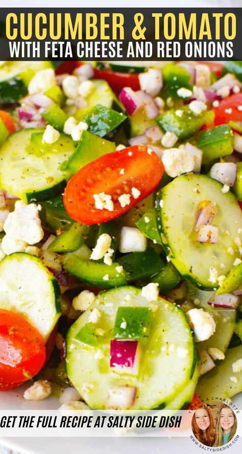 Cucumber Tomato Feta Salad is a light, fresh and healthy salad packed with grape tomatoes, red onions and delicious feta cheese. Dripping in a delicious olive oil, lemon, and red wine vinegar base, this is a healthy salad recipe that takes under 10 minutes to make #salads #salad #cucumber #tomatoes #food #sidedish #saltysidedish #recipe #vegan #vegetarian Cucumber Dishes, Tomato Salad With Feta, Cucumber Tomato Feta Salad, Tomato Feta Salad, Beef Cabbage Soup, Salty Side Dish, Cucumber And Tomato Salad, Tomato And Onion Salad, Cucumber And Tomato