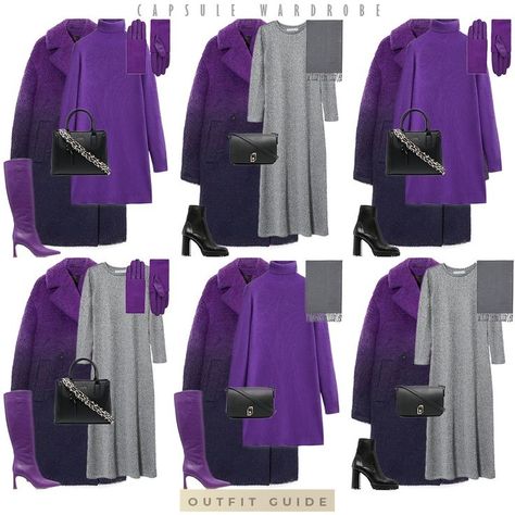 Hi, gorgeous! This time I made you a casual capsule wardrobe in silver, grey and purple colors. It is so easy to get dressed when you have a smart wardrobe!

Click on my post and start shopping!
Follow me for more looks! Purple Coat Outfit Winter Casual, Purple And Grey Outfits For Women, Purple Dress Winter Outfit, Grey And Purple Outfits, Grey Combination Color Dress, Purple Coat Outfit Winter, Purple Capsule Wardrobe, Purple And Grey Outfit, Grey Color Combinations Outfits