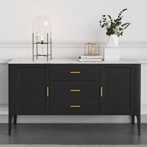 Modern Black Faux Marble Top 63" Sideboard Buffet with Drawers & 2 Doors Kitchen Cabinet Gold Pull Modern Black Sideboard, Black Sideboard Buffet, Decoration Buffet, Modern Sideboard Buffet, Black Buffet, Doors Kitchen, Dining Room Sideboard, Dining Room Buffet, Black Sideboard