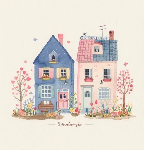 ↑↑↑ Larger size on website 🔸 A watercolor illustration of two charming houses in a spring garden. The house on the left is blue w 🔸 From Midjourney AI Image Spring Garden Illustration, Cute House Illustration, House Illustration Art, Light Blue Door, Doodle Houses, Illustration House, Spring Drawing, Home Illustration, House Colouring Pages