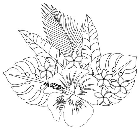 Hawaii Native Plants, Tropical Drawing Ideas, Jungle Plants Drawing, Tropical Plants Drawing, Jungle Drawings, Tropical Flowers Drawing, Tropical Leaves Drawing, Tropical Leaves Tattoo, Hawaiin Flowers