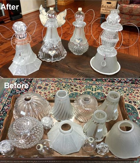 Chandelier Glass Upcycle, Glass Shades Repurposed, Glass Angels From Vases, Glass Totems, Light Globes, Glass Angels, Glass Lamp Shades, Glassware Crafts, Chandelier Crystals