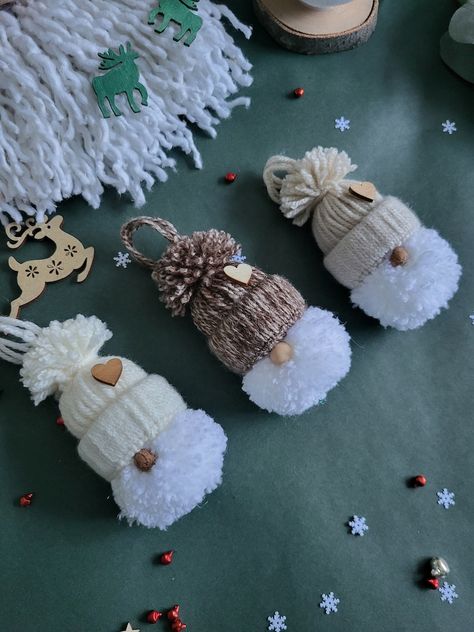 Christmas Gnome Gonk Pom Pom Mini Bobble Hats, Gnome Heads, Christmas Tree Hanging Decorations, Pack of 3 - Etsy Christmas Knomes, Hanging Christmas Decorations, Knit Decor, Christmas Angel Crafts, Pom Pom Decorations, How To Make A Pom Pom, Christmas Tree Hanging, Pom Pom Crafts, Angel Crafts