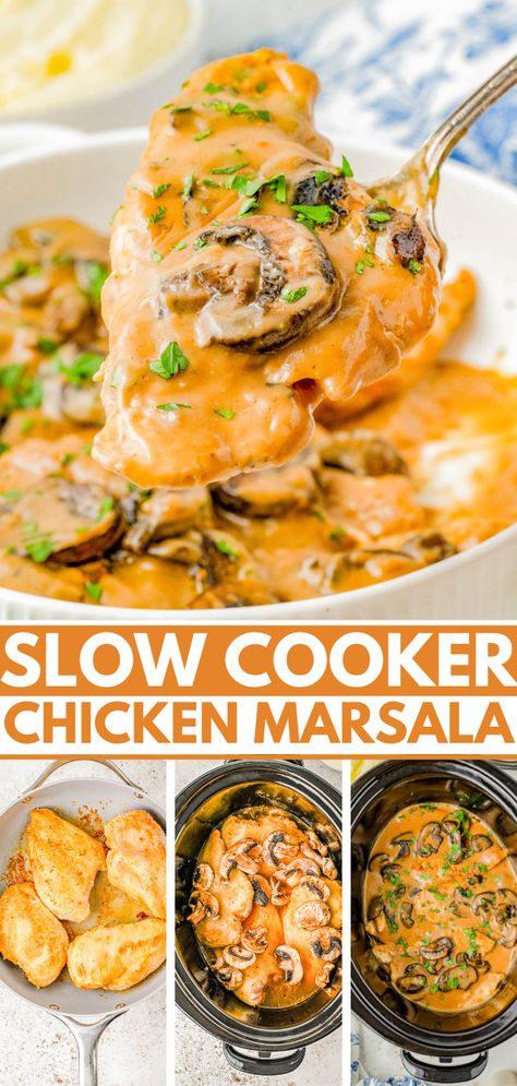 Slow Cooker Chicken Marsala – This classic comfort food recipe is complete with tender chicken breasts that are slow cooked with mushrooms and herbs in a flavorful creamy Marsala wine sauce! The rich sauce makes the perfect gravy served over rice or potatoes. Learn to make this restaurant quality dish at home in your Crock-Pot so that it's EASY enough for weeknight dinners! Crock Pot Chicken Marsala Slow Cooker, Chicken Marsala Crockpot, Crock Pot Chicken Marsala, Slow Cooker Chicken And Gravy, Slow Cooker Chicken Marsala, Meals Chicken, Averie Cooks, Marsala Chicken Recipes, Easy Slow Cooker Chicken