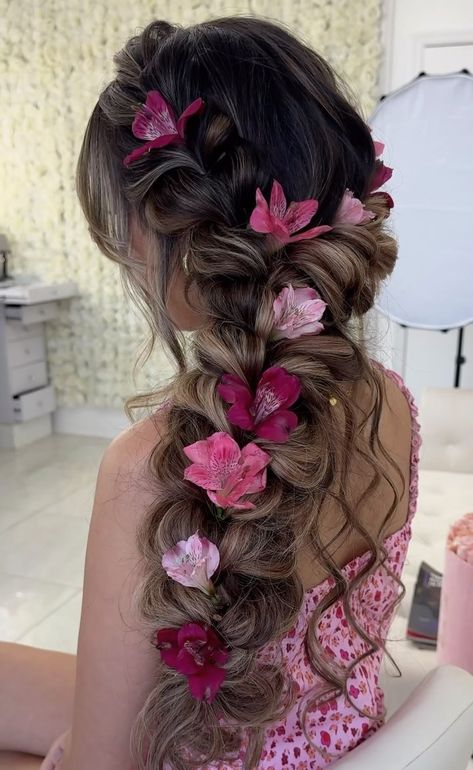 Hairstyle Ideas For Debut, Pretty Hairstyles For A Wedding, Hairstyles For Long Hair With Accessories, Up Hairstyles For Long Hair Prom, Fairy Theme Hairstyles, Fancy Hair Up Styles, Hair Designs For Curly Hair, Rapunzel Inspired Hairstyles, Tangled Theme Prom Hair