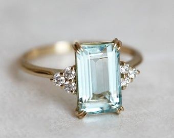 Emerald Cut Aquamarine Ring, Aquamarine Engagement Ring, Dream Engagement Rings, Engagement Ring Cuts, Aquamarine Rings, Halo Engagement Rings, Emerald Engagement Ring, Gold Engagement, Gold Band