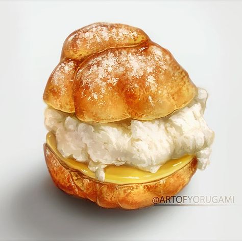 Yorugami on Instagram: “Food Art Series: Cream Puff (Profiterole) 🐮 A filled French choux pastry ball with a typically sweet and moist filling of whipped cream…” Pastry Drawing, Cream Puff Dessert, Puff Dessert, Watercolor Food Illustration, Desserts Drawing, Profiterole, Food Sticker, Cake Drawing, Food Drawings