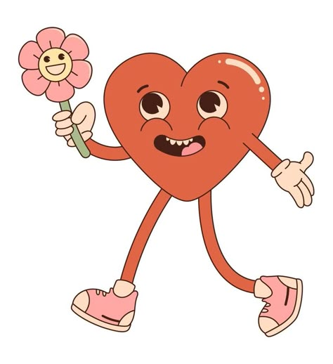 Retro groovy cartoon character. Red heart with happy flower. For poster, card, print, and itc. 70s vibes. Valentine Day. Retro Heart Cartoon, Heart Cute Illustration, Heart Cartoon Character, Heart Character Illustration, Poster Flowers Design, Retro Cartoon Illustration, Heart Character Design, Heart Cartoon Drawing, Valentines Characters