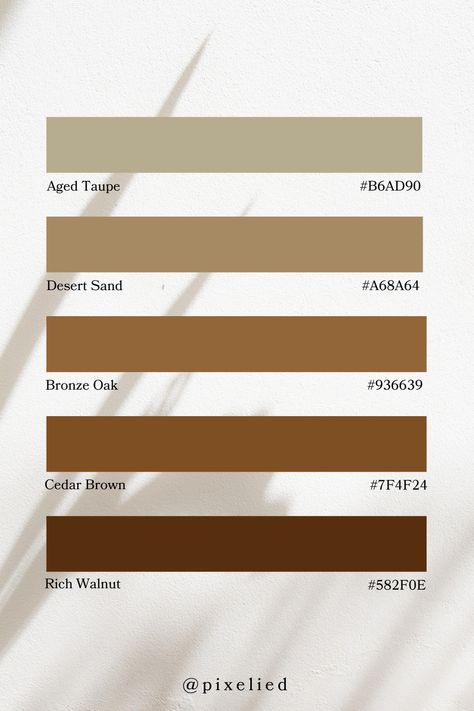 Brown Earth Tone Color Palette blends Aged Taupe and Desert Sand with the earthy tones of Bronze Oak, Cedar Brown, and Rich Walnut. This palette evokes a cozy, timeless ambiance perfect for inviting and warm designs. Walnut Color Palette, Color Scheme Generator, Earth Colour Palette, Tone Color Palette, Earth Tone Color Palette, Color Generator, Flip Image, Earth Tone Color, House Color Schemes