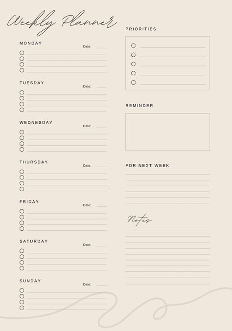 Weekly planner - delicate - minimalist - printable - PDF - template - to make your life easier Printable Agenda Pages Free, Week At A Glance Template, Weekly Template Planner, Good Notes Planner Template, Weekly Planner Template Aesthetic, Weekly Planner Template Goodnotes, Cute Weekly Planner Template, Good Notes Templates Free Planner, Weekly Planner Landscape