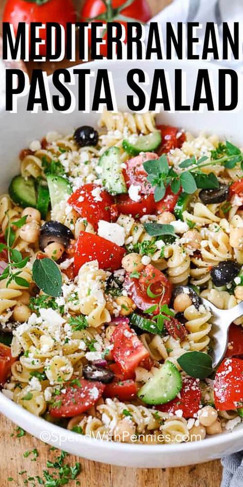 A healthy Mediterranean pasta salad is always a hit with my family and friends. Made with cucumbers, olives, artichokes, chickpeas, and feta cheese and topped with a homemade Greek dressing. It is a filling side but so easy to make. #spendwithpennies #mediterraneanpastasalad #pastasalad #salad #withchickpeas Healthy Mediterranean Pasta, Homemade Greek Dressing, Mediterranean Pasta Salad, Mediterranean Pasta Salads, Greek Dressing, Tuna Salad Pasta, Mediterranean Pasta, Easy Mediterranean Diet Recipes, Greek Pasta