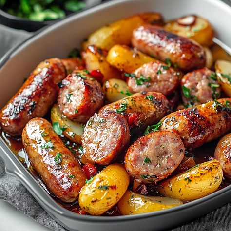 This quick and easy Sausage Traybake recipe makes a flavorful, one-pan dinner with savory sausages and roasted veggies. Sausage Pepper Sheet Pan, Lil Sausage Recipes, Sausage And Onions Recipes, Link Sausage Recipes, Hillshire Farms Smoked Sausage Recipes, Fresh Sausage Recipes, Smoked Sausage Dinner Recipes, Sausage Traybake, Easy Sausage Dinner