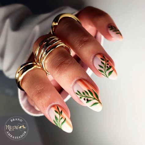 French Nails With Leaves, Brown Nails With Leaves, Fern Nail Art, Plant Inspired Nails, Summer Manicure Designs, Classy Plus Size, Olive Nails, Festive Nails, Western Nails