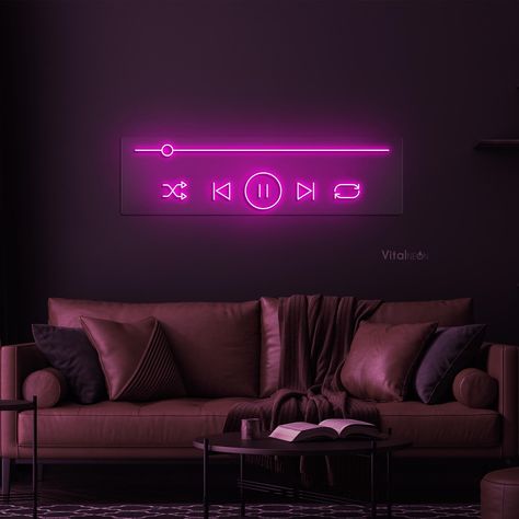 Music Room Lighting, Dual Gaming Room, Music Rooms Ideas, Aesthetic Podcast, Pink Music Studio, Podcast Room Ideas At Home, Music Home Decor, Podcast Decor Ideas, Neon Sign Living Room