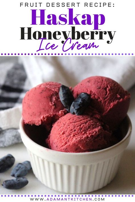 Haskap berries are tart fruits that thrive in cold northern climates.  Similar to blueberries, they’re perfect for homemade haskap ice cream! #haskap #berries #fruit #blueberry #icecream #recipe #admantkitchen Honeyberry Recipes, Haskap Recipes, Haskap Berries, Honey Berries, Haskap Berry, Homemade Pie Recipes, Ice Cream Recipes Machine, Easy Ice Cream Recipe, Cherry Ice Cream