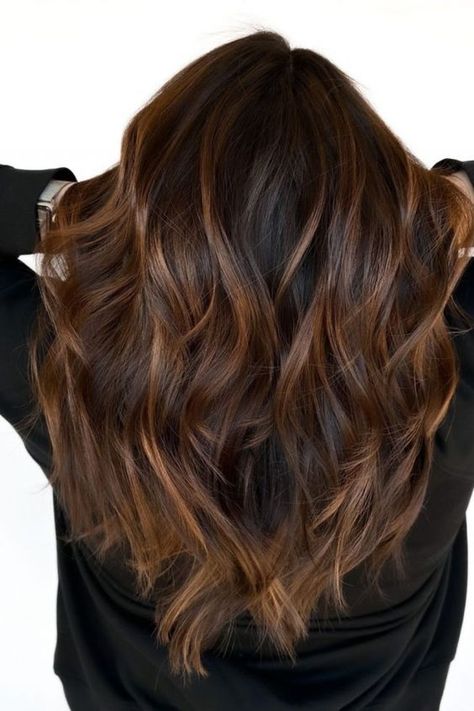 Embrace the latest in hair fashion with dark caramel balayage. See what's trending in 2024 and refresh your style! #HairColorTrends #BalayageIdeas #CaramelVibes #AutumnBalayage #SunkissedBalayage #ElegantHair #SeasonalHairColor #SoftBalayage #BrunetteBeauty #BalayagePerfection Chestnut Brown Highlights On Dark Hair, Dark Root Brown Balayage, Dark Brown Hair Carmel Hilights, Fall Balayage Brunette Honey, Carmel Ombre Brunettes, 2024 Dark Hair Trends, Dark Brown Hair With Caramel Balayage, Copper Balayage On Black Hair, Caramel Balayage Short Hair