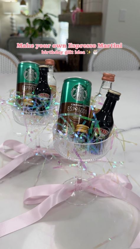 Amber Capps | A make your own espresso martini gift idea✨ I bought a set of coupe glasses from Amazon, tied a ribbon around the bottom of the glass +... | Instagram Diy Whiskey Glasses, Mini Baileys Gift Ideas, Alcohol Mini Bottles Gift Ideas, Mini Prosecco Bottles Party Favors, Mini Champagne Gift Ideas, Prosecco Gift Ideas, Airplane Bottle Gift Ideas, Christmas Liquor Gift Ideas, Small Alcohol Bottles Gifts