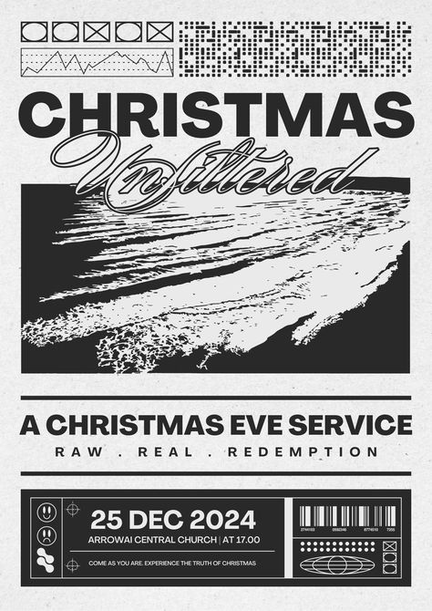 Promote your Christmas service with our Black and White Brutalist Church Poster! With its clean design and easy-to-understand language, it’s the perfect choice for sharing important details. Keep your congregation informed and excited for the holidays! Christmas Party Flyer Design, Christmas Church Graphics, Christmas Graphic Design Poster, Church Christmas Graphics, Christmas Sale Poster Design, White Christmas Poster, Announcement Poster Design, Christmas Event Poster, Church Stage Design Ideas Backdrops