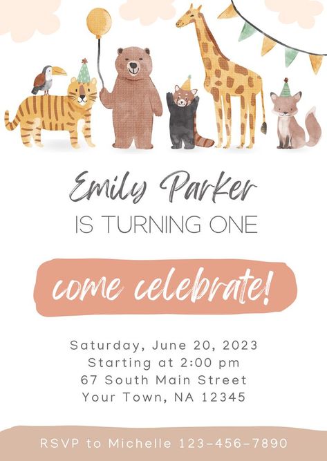 Giraffe Birthday Parties, Animal Party Invitations, Girl Template, Third Birthday Invitations, Jungle Animals Party, Waiting You, Animal Birthday Invitation, Giraffe Birthday, Baby Birthday Invitations