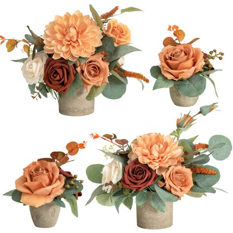 PRICES MAY VARY. Package: Set of 4 pre-made flower centerpieces. Arrangements come with vases and 2pcs place cardholders. Size: the large centerpiece is approx. 7.5" wide by 7" high, and the small one is approx. 3.5" wide by 4" high. Material: The centerpiece is a merge of delicate foam/silk flowers, filler flowers, and interesting greenery, with natural shapes and a variety of textures. Dahlia, vendela rose, and avalanche rose accent the centerpiece for a soft and romantic feel. Earth paper vas Terra Cotta Wedding Centerpieces, Flower Pot Centerpiece, Vase Wedding Decor, Flowers With Vase, Fall Floral Centerpieces, Desk Flowers, Centerpiece Flower, Table Centerpiece Decorations, Wedding Shower Decorations