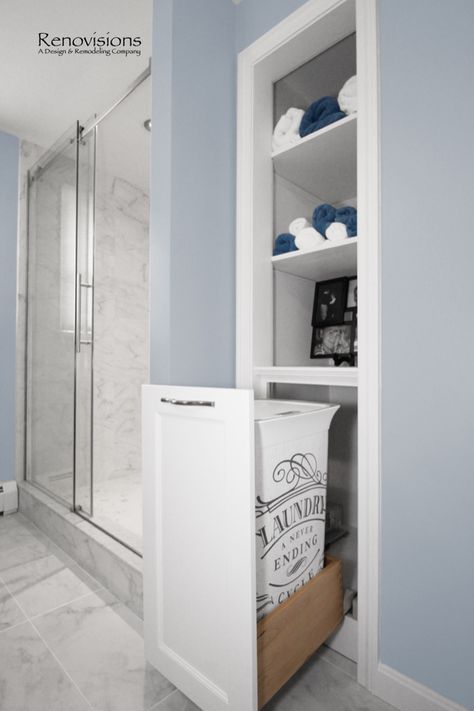 Shower Linen Closet, Small Linen Closet Remodel, Closet In Master Bath, Master Bath Laundry Hamper, Master Bath Linen Cabinet Built Ins, Linen Closet Bathroom Master Bath, Linen Closet Bathroom Built Ins, Closet Into Shower Master Bath, Shower Closet