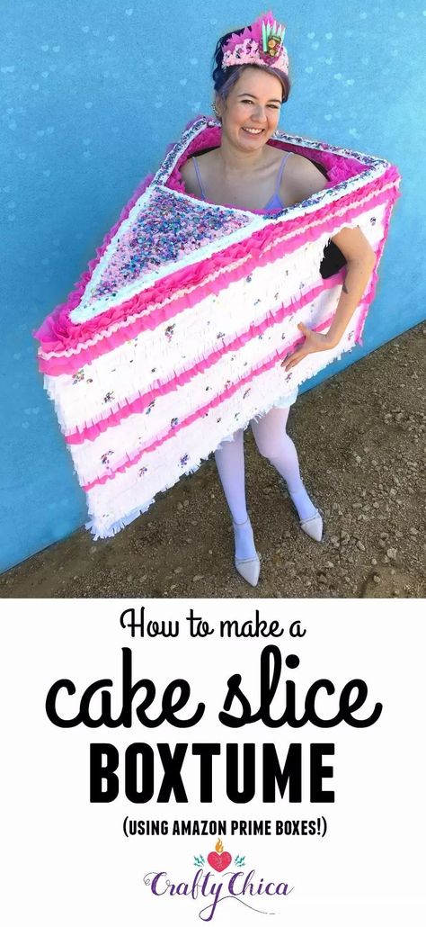 Grab all of your boxes for this awesome DIY! This slice of cake is zero calories, but full of cuteness! Cake Slice Costume Tutorial! #Boxtumes - The Crafty Chica! Crafts, Latinx art, creative motivation Amazon Box Costume, Birthday Cake Costume, Paper Birthday Cake, Crazy Halloween Costumes, Cake Costume, Boxing Halloween Costume, Fun Halloween Ideas, Play Script, Cake Outfit