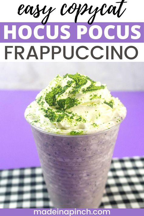 Copycat Starbucks Hocus Pocus Frappuccino! Love the classic Halloween movie? Now's the PERFECT time to make this delicious spooktacular drink. It's so easy and so good that even the Sanderson Sisters themselves would love it! Make a drink and enjoy it at your next Halloween party or while you watch the special movie! #hocuspocus #frappuccino #starbuckscopycat Starbucks Halloween Drinks, Holiday Theme Food, Halloween Food And Drinks, Iced Matcha Green Tea, Family Meals Kid Friendly, Copycat Starbucks Drinks, Frappuccino Starbucks, Games Thanksgiving, Healthy Kid Friendly Meals